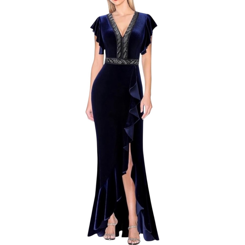 VFSHOW Womens Beaded V Neck Ruffle Sleeve Formal Velvet Maxi Dress Med M‎ sexy